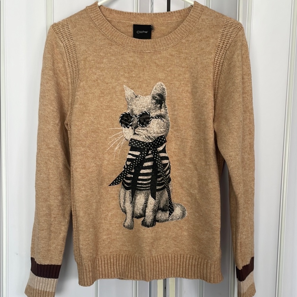 Cliche Tan Sweater with Cat Design m acrylic & wool light brown